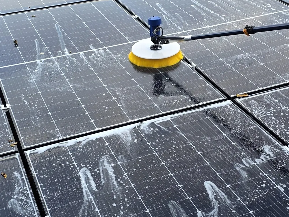 Panouri fotovoltaice cu spumă și apă în timpul spălării, peria electrică în fundal