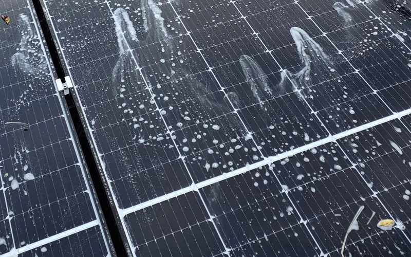 Panouri fotovoltaice acoperite cu spumă de spălare, înainte de clătirea cu apă demineralizată