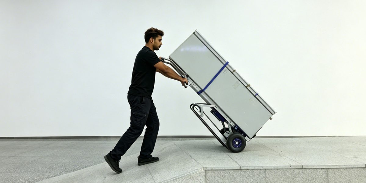 xsto ct150pb galerie4 Cărucioare electrice pentru scări XSTO - Magazin Online Unilift Serv Operator transportând o cutie cu urcătorul XSTO CT150PB