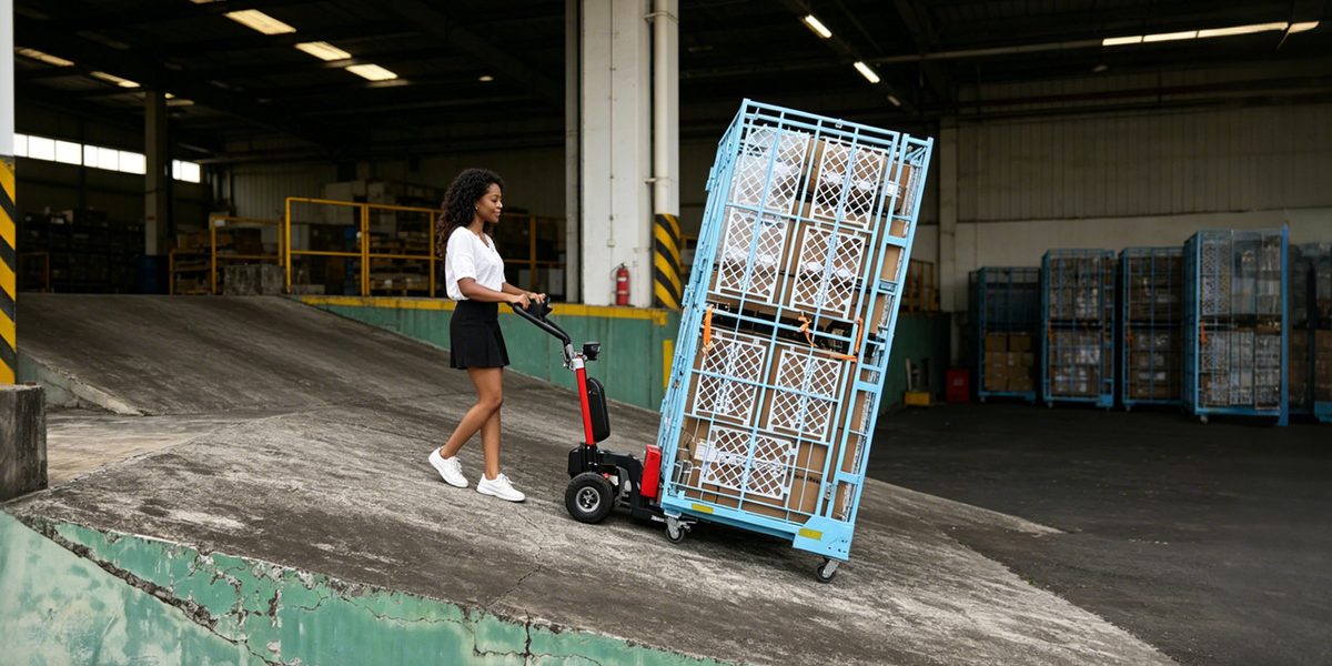 Cărucior-cușcă tractat într-o hală cu tractorul electric XSTO LFC300