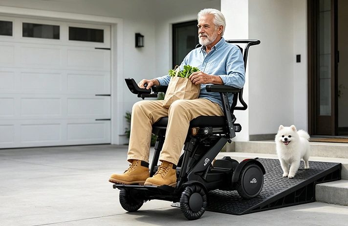 Bărbat într-un scaun electric XSTO M4 Pro, urcând o rampă la ieșirea din casă