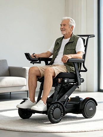 Bărbat într-un scaun electric autoechilibrant XSTO M4 Pro, într-o locuință cu terasă