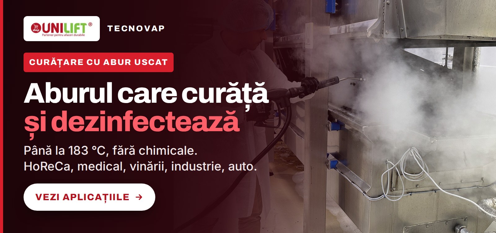 Curățare cu abur uscat TecnoVap: aburul care curăță și dezinfectează, până la 183 °C, fără chimicale